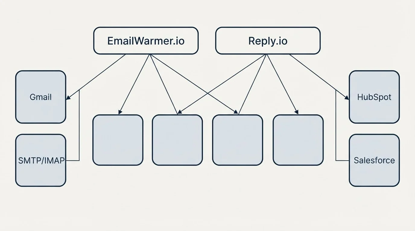 Integration grid: Integration Ecosystem (EmailWarmer.io, Reply.io, Gmail, HubSpot)