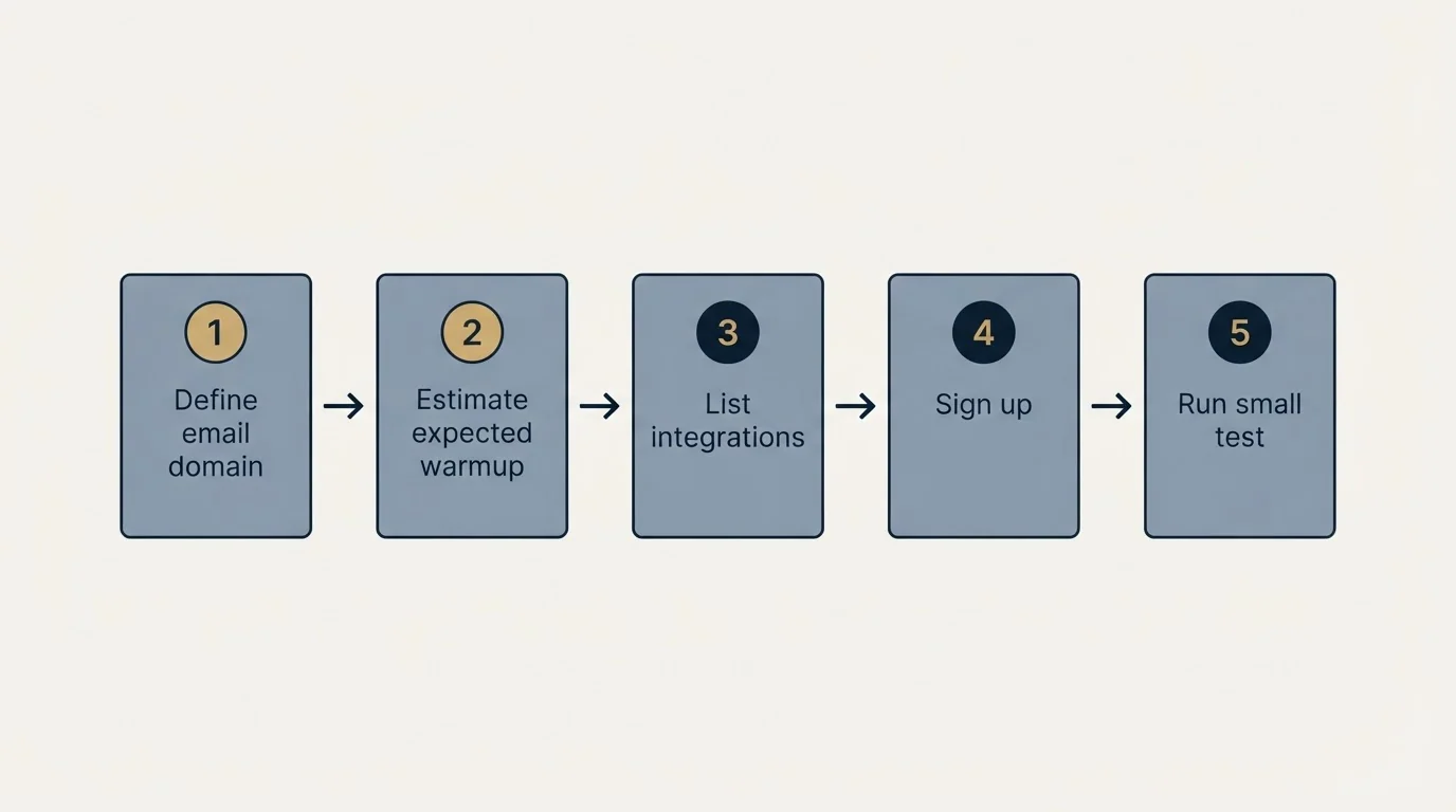 Step sequence: Getting Started Checklist (Define email domain, Estimate expected warmup, List integrations, Sign up)