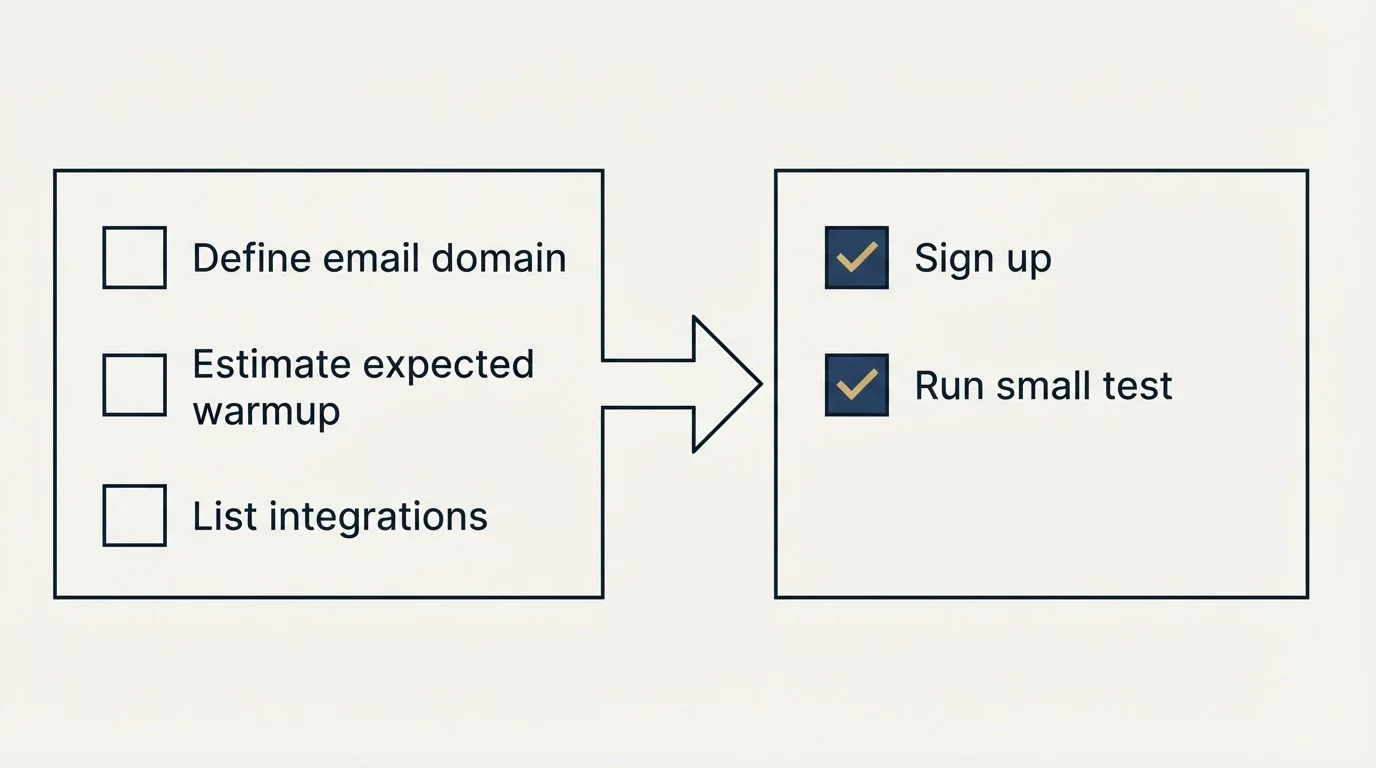 Before-and-after steps: Getting Started Checklist (Define email domain, Estimate expected warmup, List integrations, Sign up)