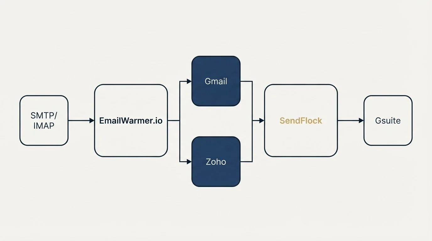 Integration flow: Integration Ecosystem (EmailWarmer.io, SendFlock, Gmail, Zoho)
