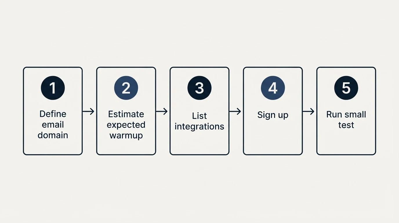 Step sequence: Getting Started Checklist (Define email domain, Estimate expected warmup, List integrations, Sign up)