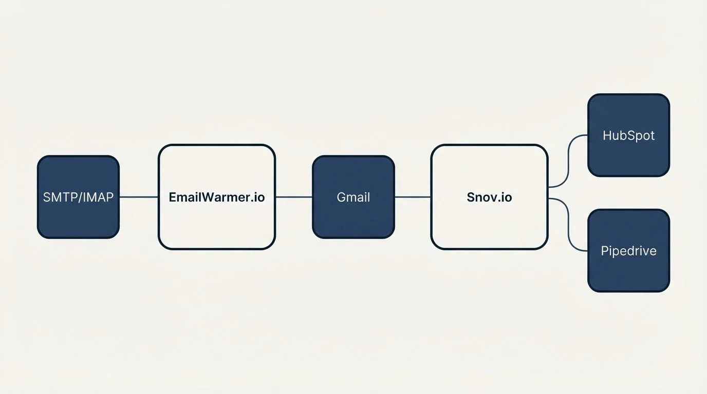 Integration schematic: Integration Ecosystem (EmailWarmer.io, Snov.io, Gmail, HubSpot)