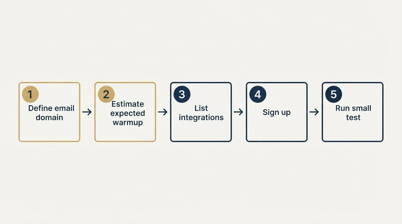 Step sequence: Getting Started Checklist (Define email domain, Estimate expected warmup, List integrations, Sign up)