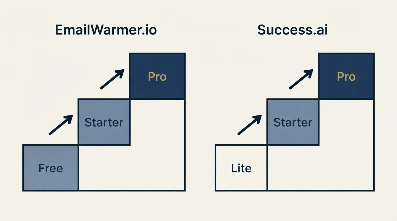 Pricing ladder: Pricing Comparison (EmailWarmer.io, Success.ai, Free, Lite)