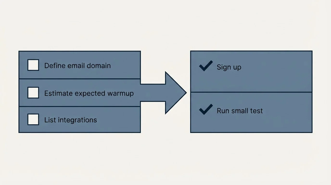 Before-and-after steps: Getting Started Checklist (Define email domain, Estimate expected warmup, List integrations, Sign up)