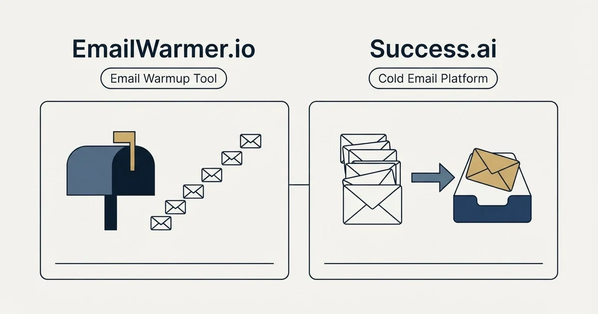 Side-by-side panels: EmailWarmer.io vs Success.ai (Email Warmup Tool, Cold Email Platform)
