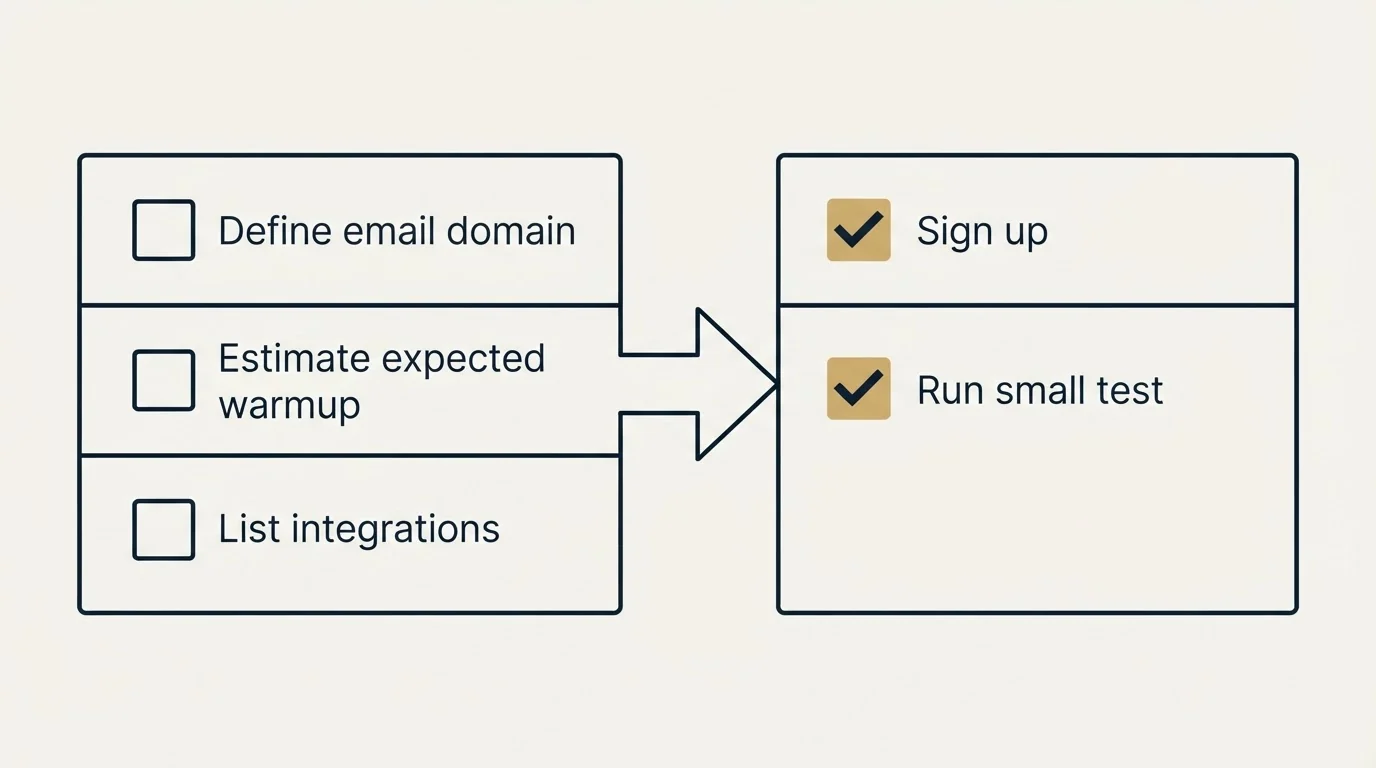 Before-and-after steps: Getting Started Checklist (Define email domain, Estimate expected warmup, List integrations, Sign up)
