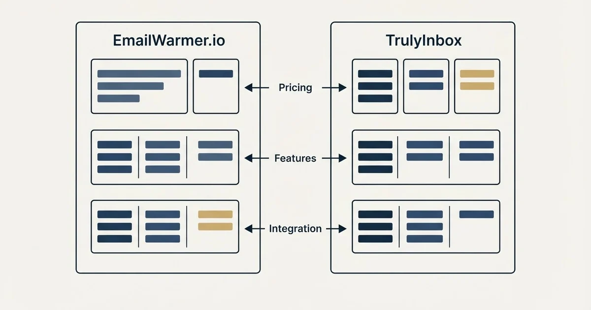 Comparison panel: EmailWarmer.io vs TrulyInbox (Pricing, Features, Integration)