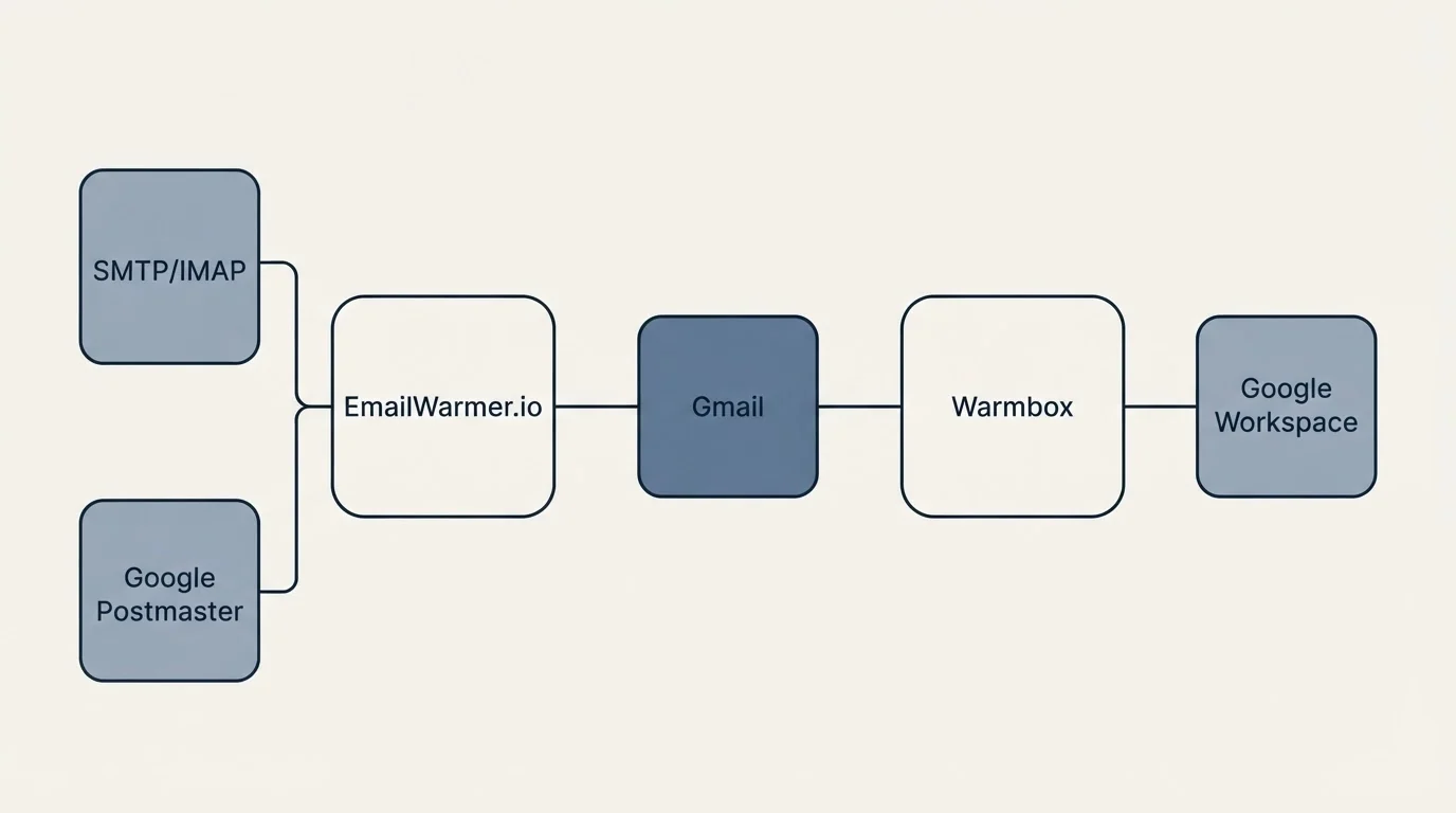 Integration flow: Integration Ecosystem (EmailWarmer.io, Warmbox, Gmail, SMTP/IMAP)