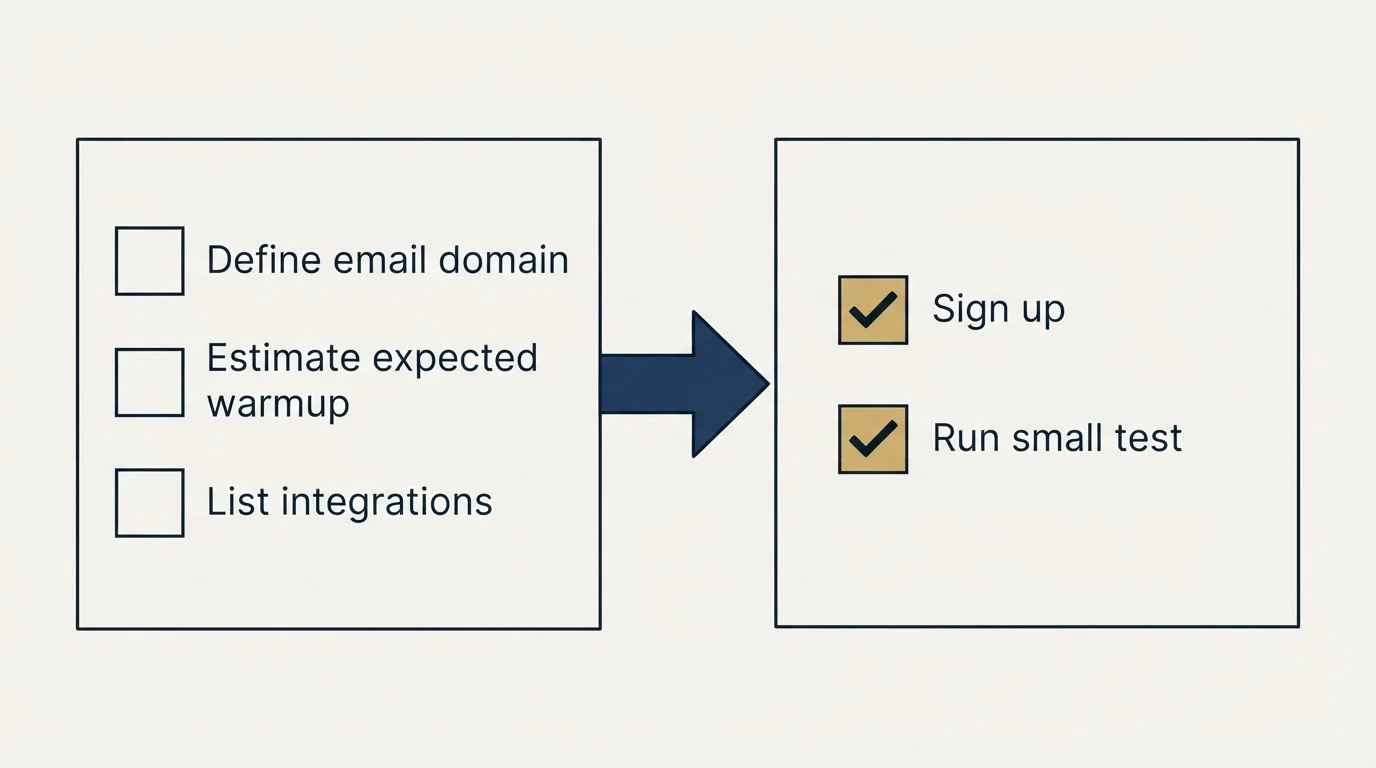 Before-and-after steps: Getting Started Checklist (Define email domain, Estimate expected warmup, List integrations, Sign up)
