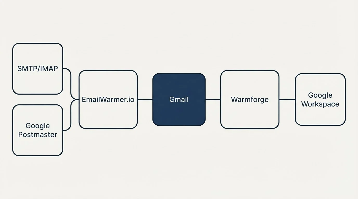 Integration schematic: Integration Ecosystem (EmailWarmer.io, Warmforge, Gmail, SMTP/IMAP)