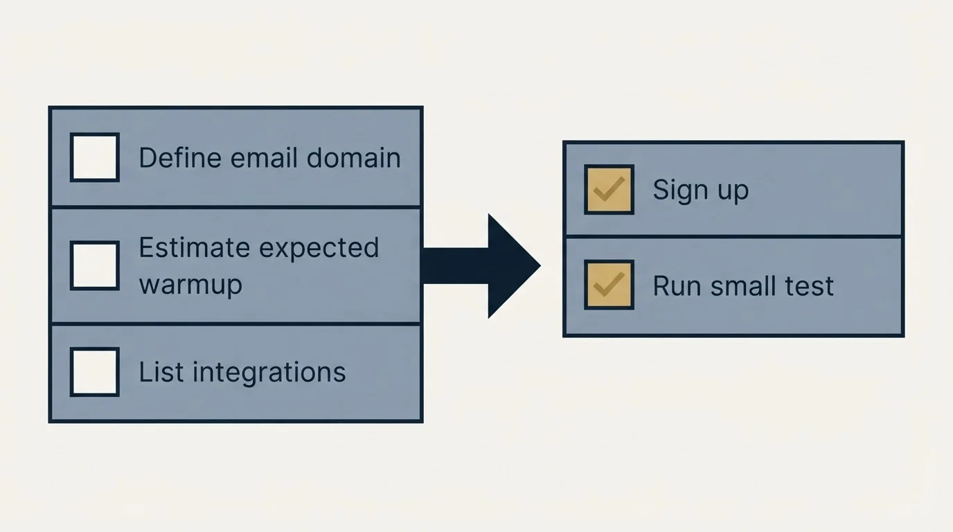 Before-and-after steps: Getting Started Checklist (Define email domain, Estimate expected warmup, List integrations, Sign up)