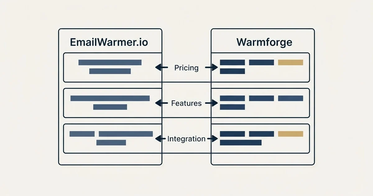 Comparison panel: EmailWarmer.io vs Warmforge (Pricing, Features, Integration)