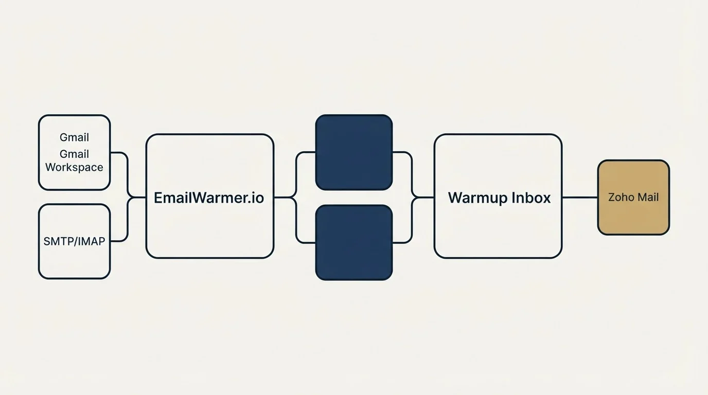 Integration schematic: Integration Ecosystem (EmailWarmer.io, Warmup Inbox, Gmail, Gmail Workspace)