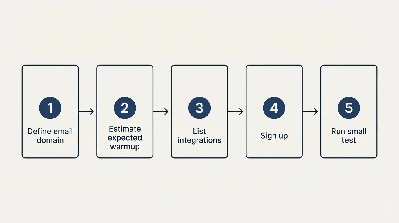 Step sequence: Getting Started Checklist (Define email domain, Estimate expected warmup, List integrations, Sign up)