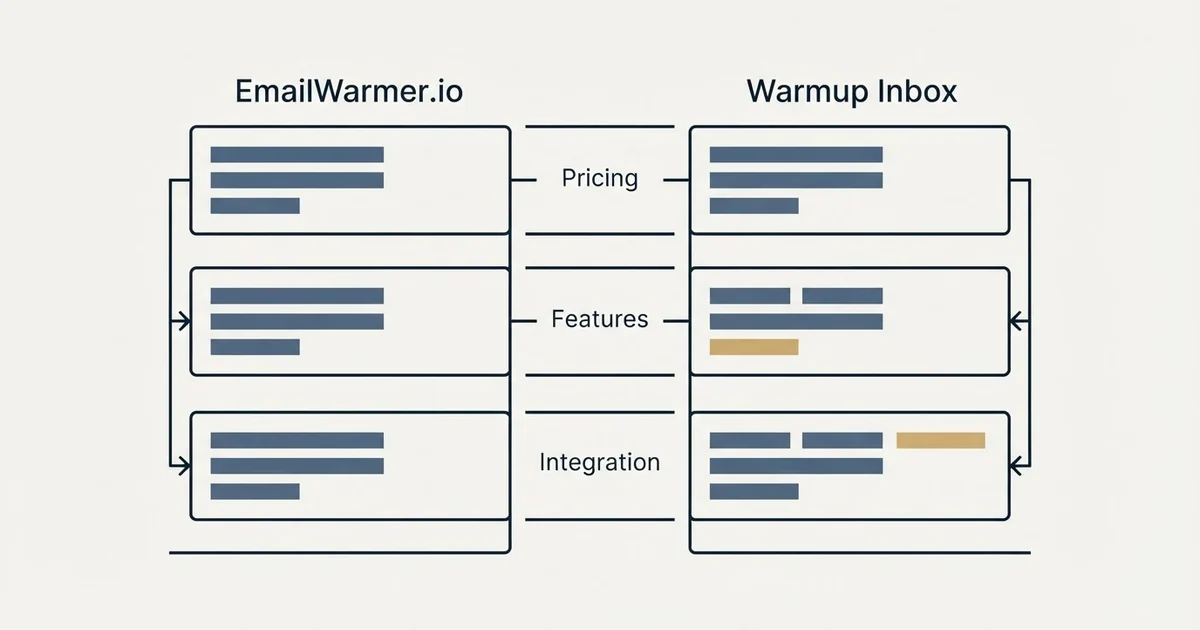 Comparison panel: EmailWarmer.io vs Warmup Inbox (Pricing, Features, Integration)