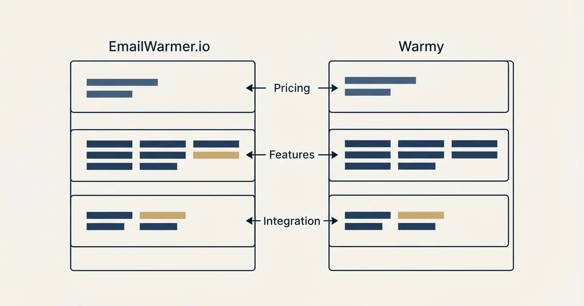 Comparison panel: EmailWarmer.io vs Warmy (Pricing, Features, Integration)