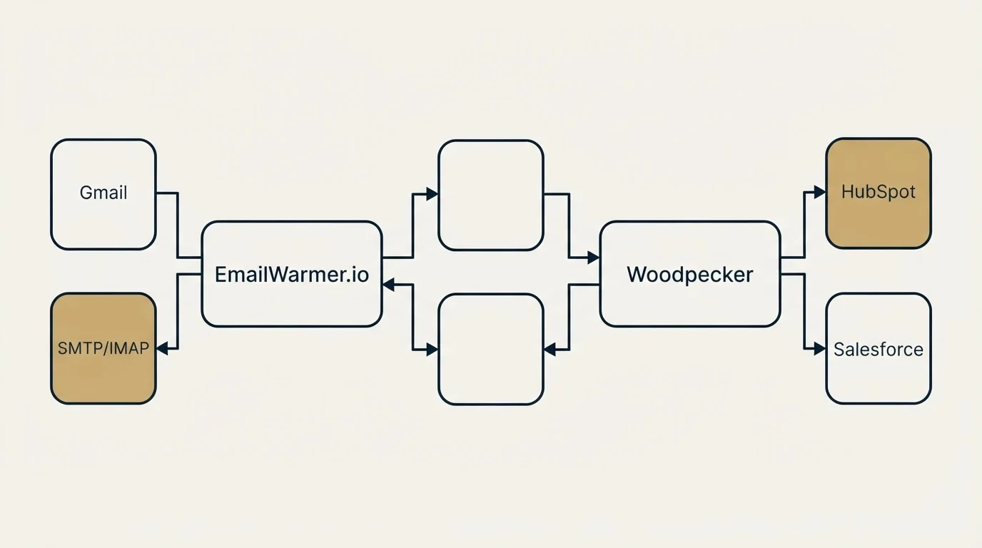 Integration schematic: Integration Ecosystem (EmailWarmer.io, Woodpecker, Gmail, HubSpot)