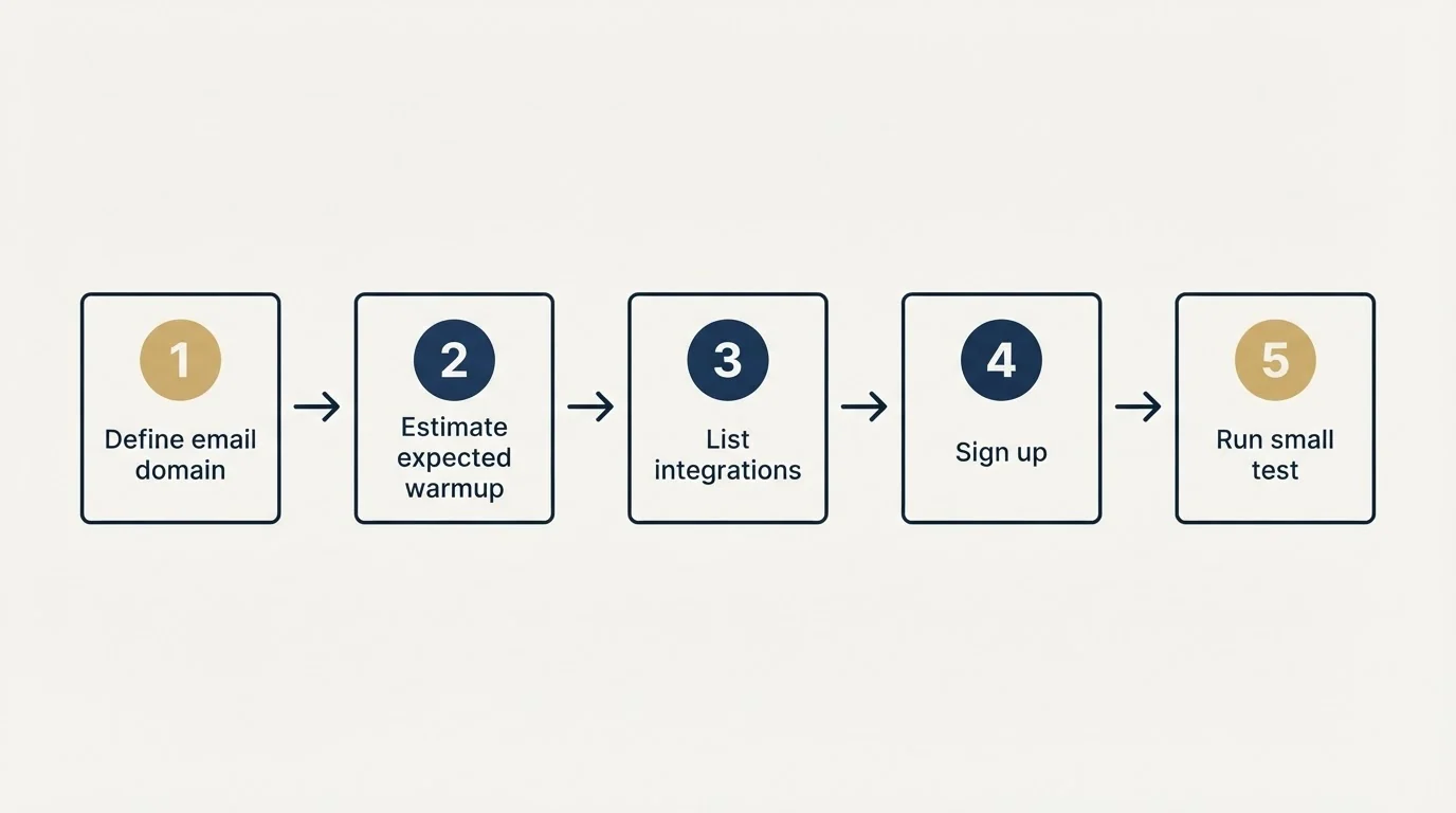 Step sequence: Getting Started Checklist (Define email domain, Estimate expected warmup, List integrations, Sign up)