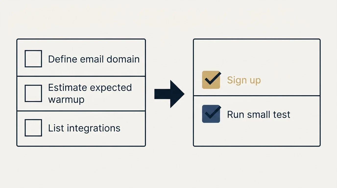 Before-and-after steps: Getting Started Checklist (Define email domain, Estimate expected warmup, List integrations, Sign up)