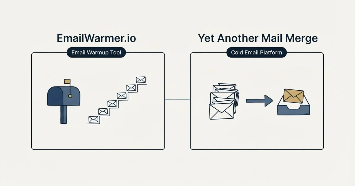 Side-by-side panels: EmailWarmer.io vs Yet Another Mail Merge (Email Warmup Tool, Cold Email Platform)