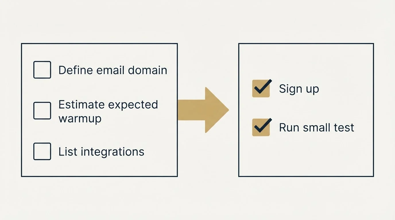 Before-and-after steps: Getting Started Checklist (Define email domain, Estimate expected warmup, List integrations, Sign up)