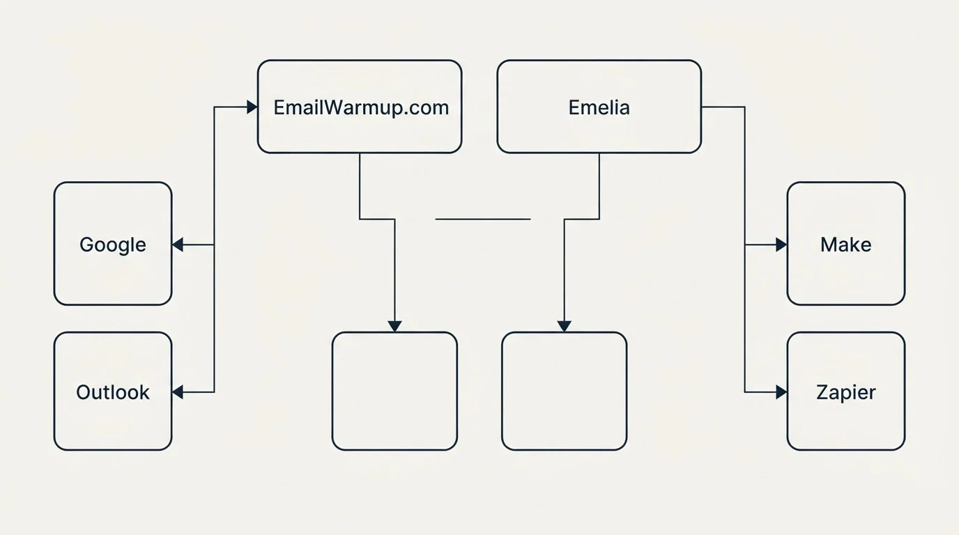 Integration grid: Integration Ecosystem (EmailWarmup.com, Emelia, Google, Make)