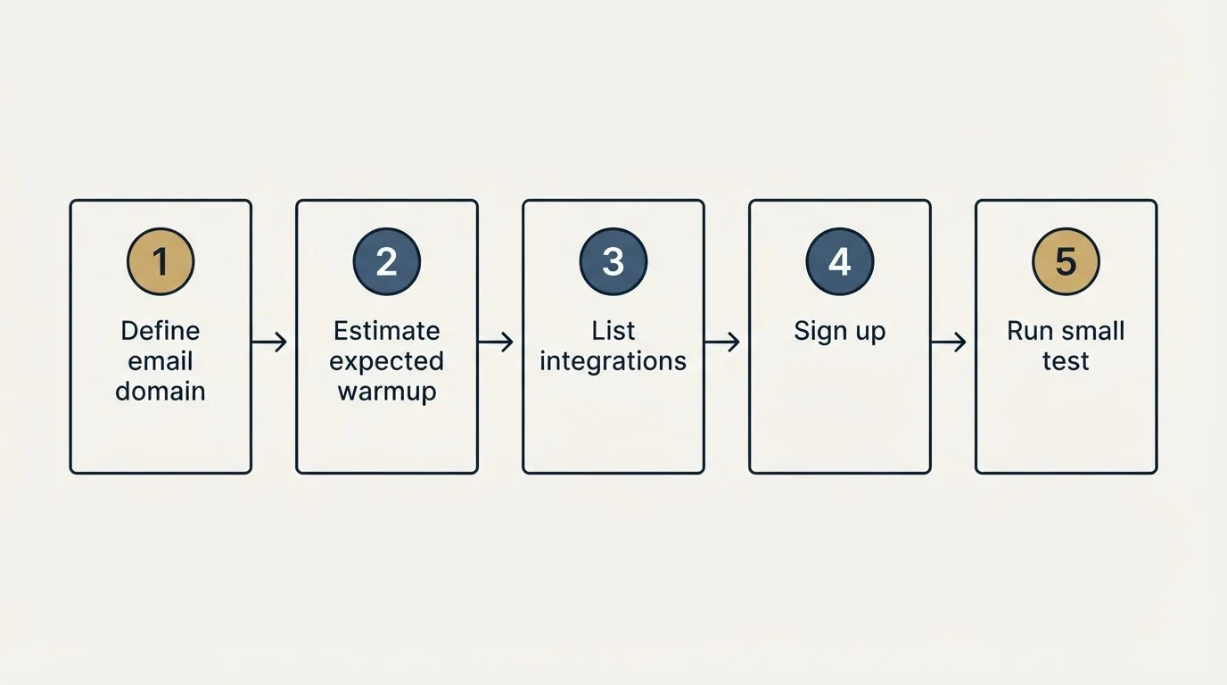 Step sequence: Getting Started Checklist (Define email domain, Estimate expected warmup, List integrations, Sign up)