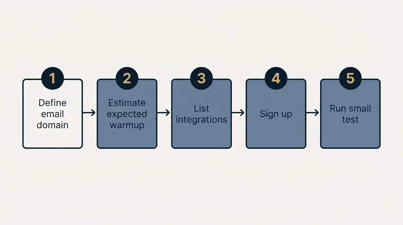 Step sequence: Getting Started Checklist (Define email domain, Estimate expected warmup, List integrations, Sign up)