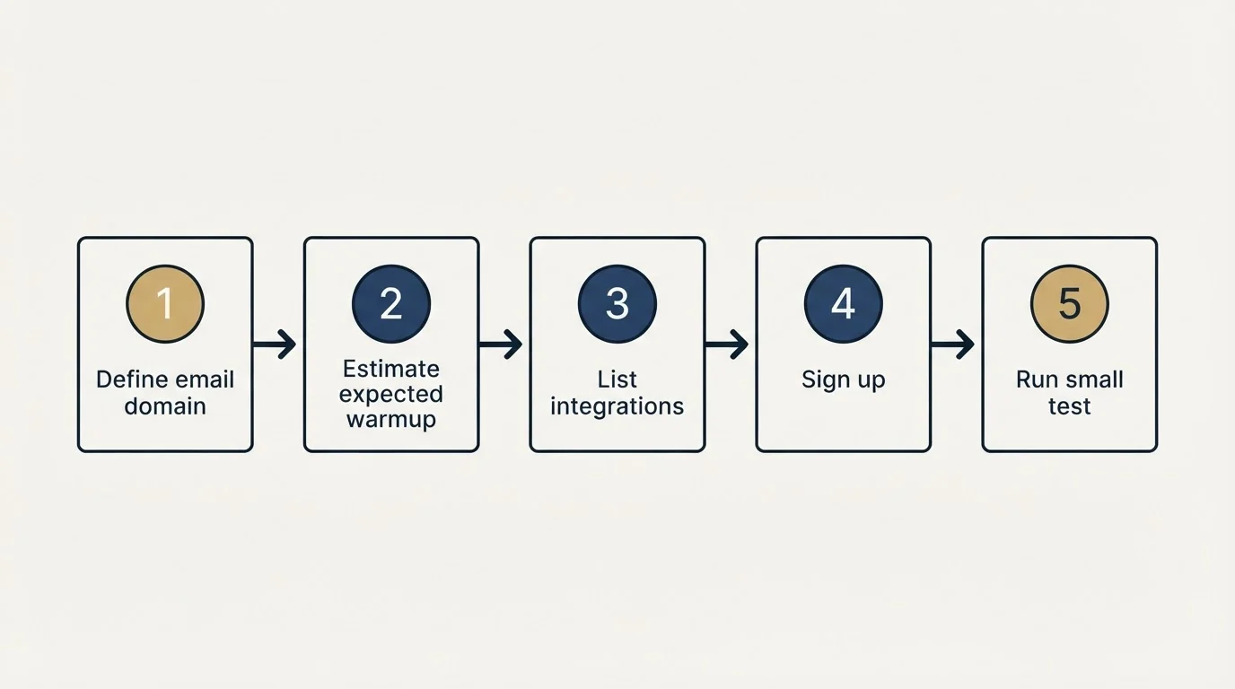 Step sequence: Getting Started Checklist (Define email domain, Estimate expected warmup, List integrations, Sign up)