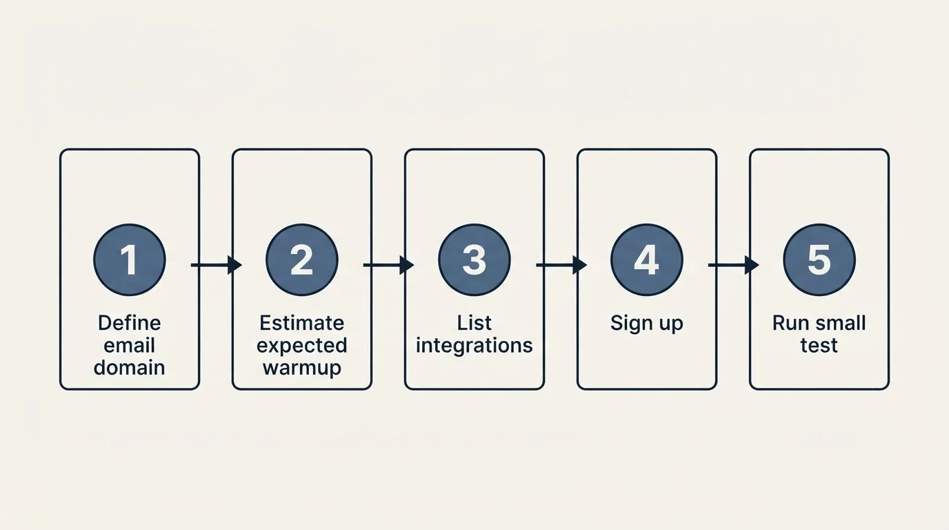 Step sequence: Getting Started Checklist (Define email domain, Estimate expected warmup, List integrations, Sign up)