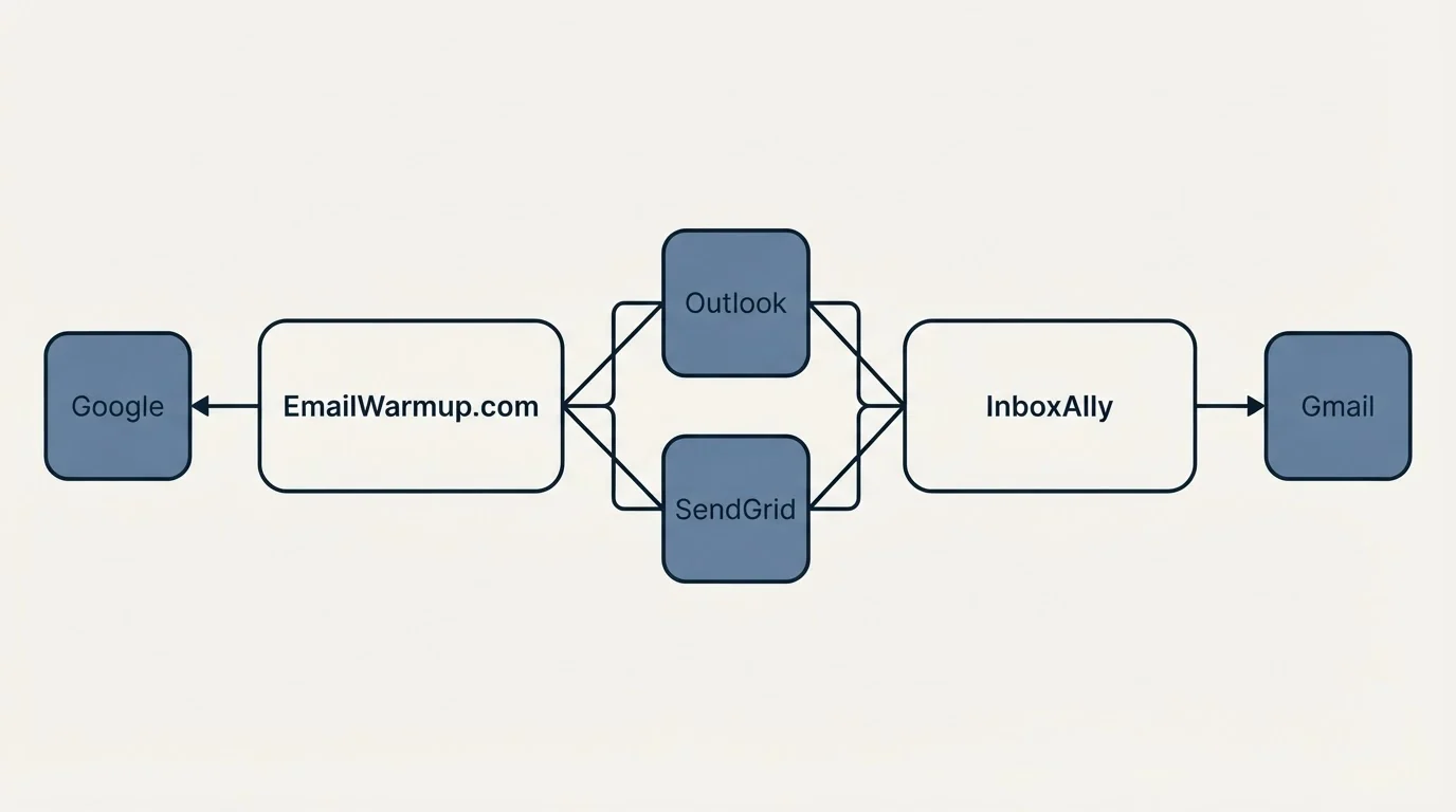 Integration schematic: Integration Ecosystem (EmailWarmup.com, InboxAlly, Outlook, SendGrid)
