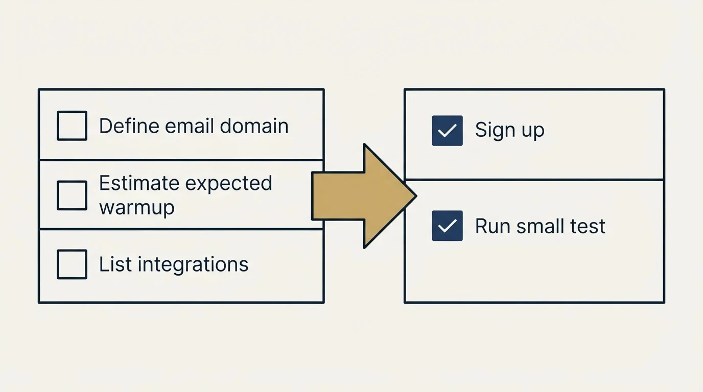 Before-and-after steps: Getting Started Checklist (Define email domain, Estimate expected warmup, List integrations, Sign up)