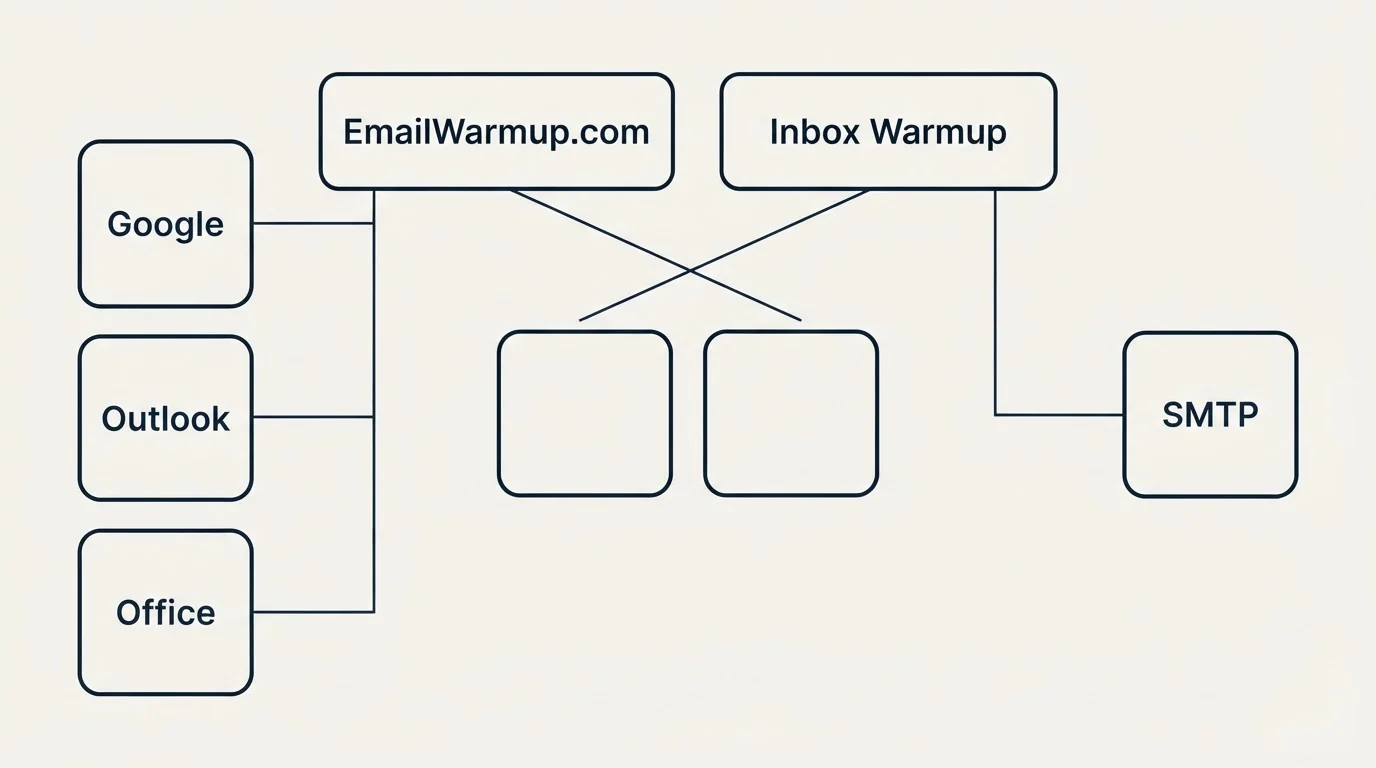Integration grid: Integration Ecosystem (EmailWarmup.com, Inbox Warmup, Google, SMTP)