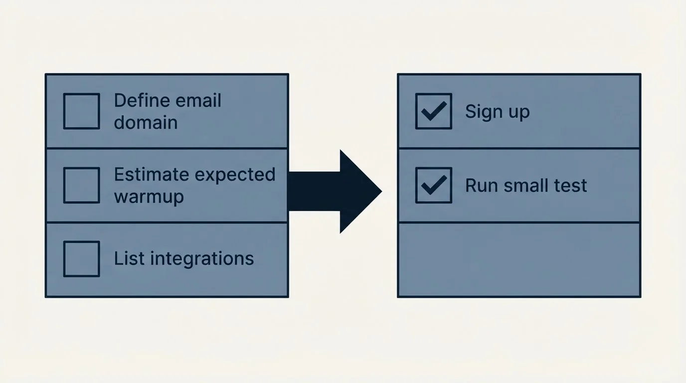 Before-and-after steps: Getting Started Checklist (Define email domain, Estimate expected warmup, List integrations, Sign up)