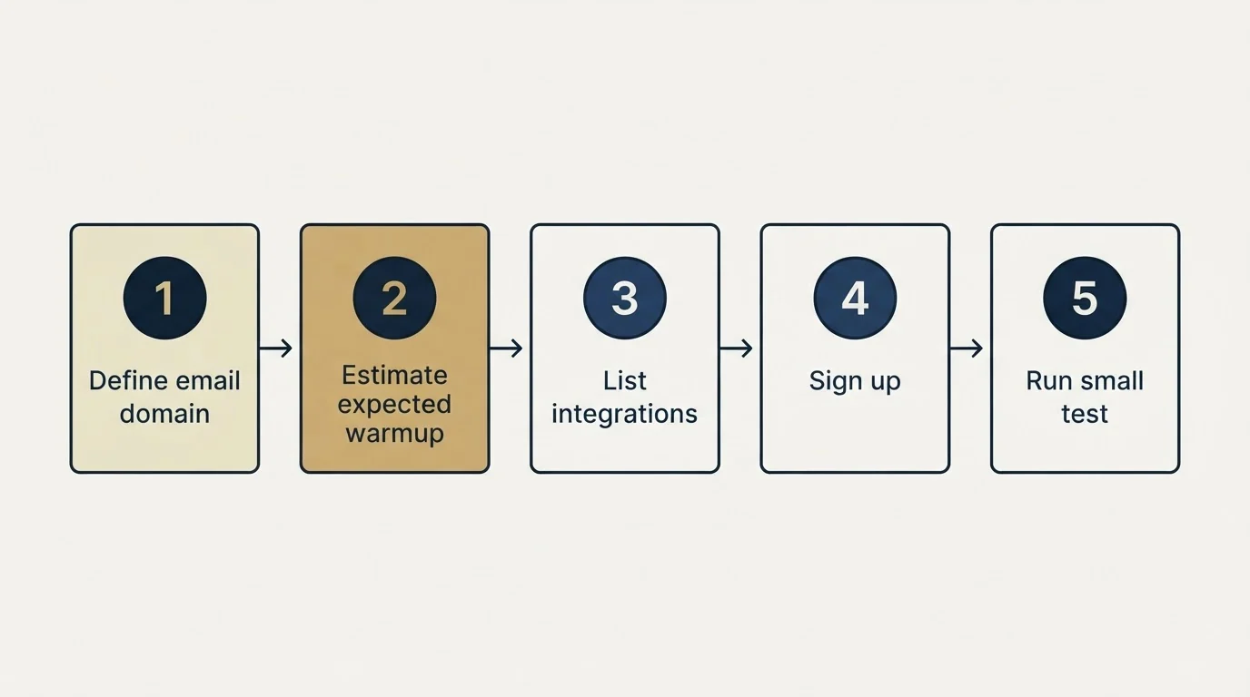 Step sequence: Getting Started Checklist (Define email domain, Estimate expected warmup, List integrations, Sign up)