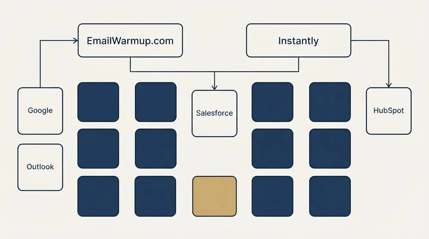 Integration grid: Integration Ecosystem (EmailWarmup.com, Instantly, Salesforce, Google)