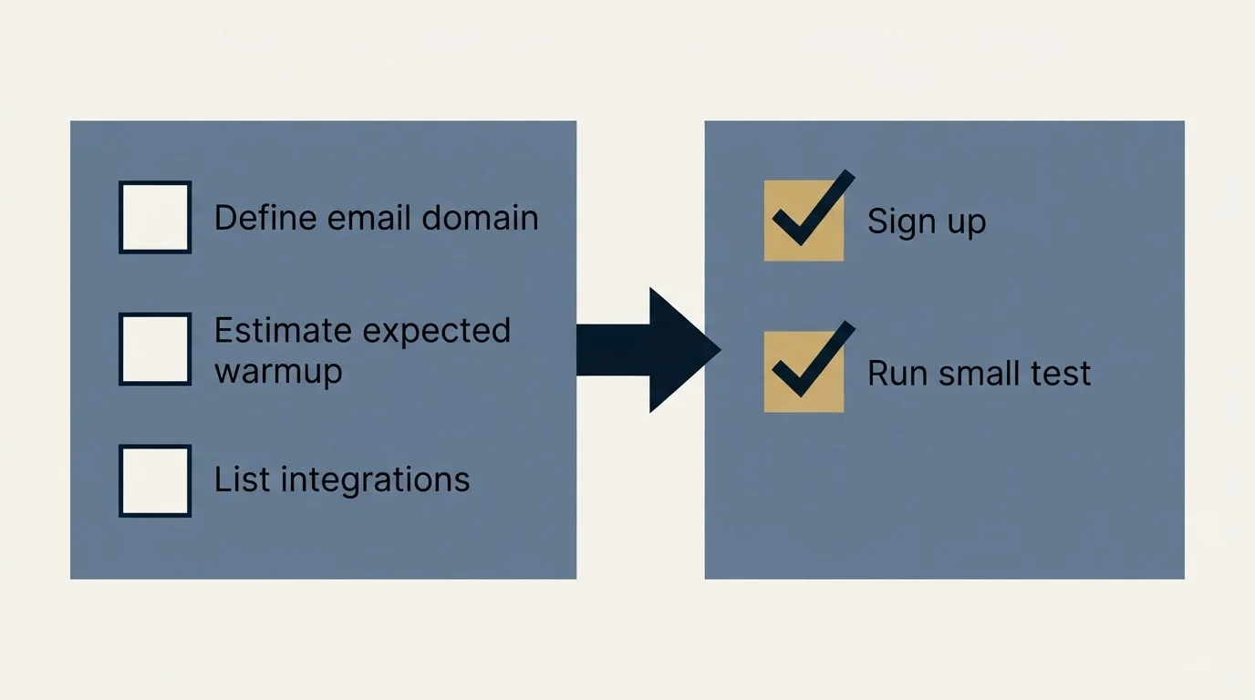 Before-and-after steps: Getting Started Checklist (Define email domain, Estimate expected warmup, List integrations, Sign up)