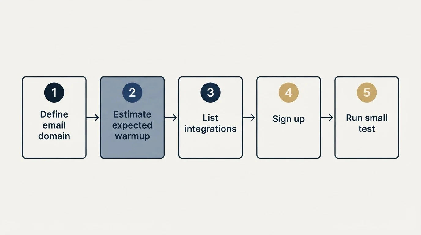 Step sequence: Getting Started Checklist (Define email domain, Estimate expected warmup, List integrations, Sign up)