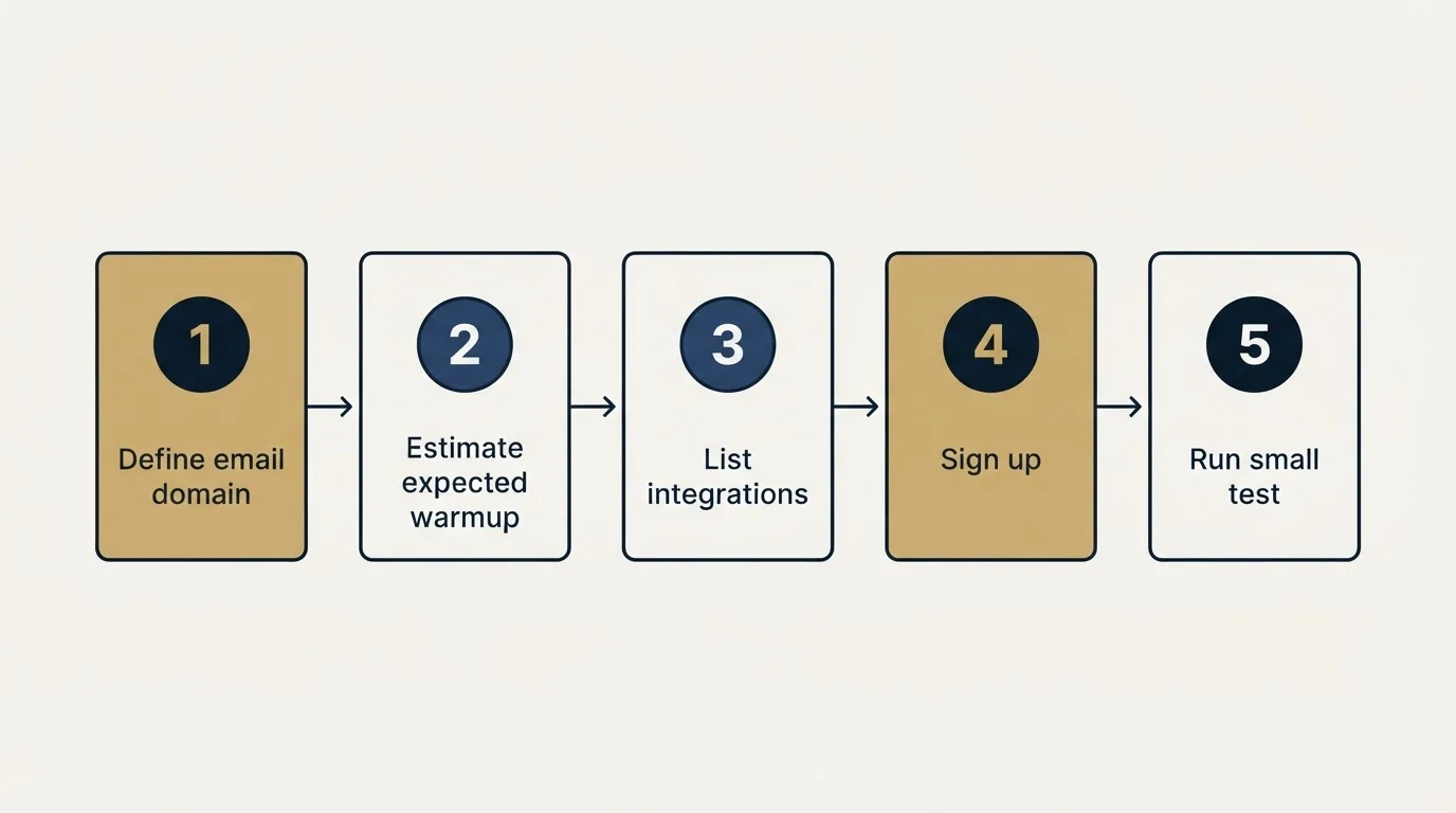 Step sequence: Getting Started Checklist (Define email domain, Estimate expected warmup, List integrations, Sign up)