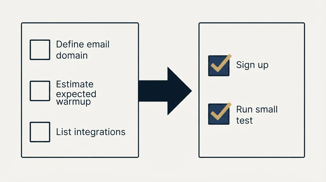 Before-and-after steps: Getting Started Checklist (Define email domain, Estimate expected warmup, List integrations, Sign up)