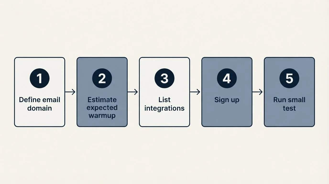 Step sequence: Getting Started Checklist (Define email domain, Estimate expected warmup, List integrations, Sign up)