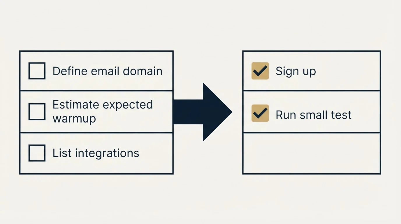 Before-and-after steps: Getting Started Checklist (Define email domain, Estimate expected warmup, List integrations, Sign up)