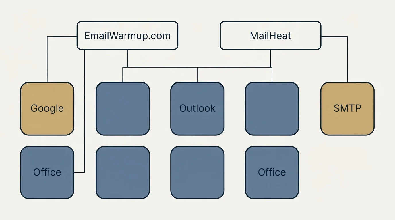 Integration grid: Integration Ecosystem (EmailWarmup.com, MailHeat, Outlook, Google)
