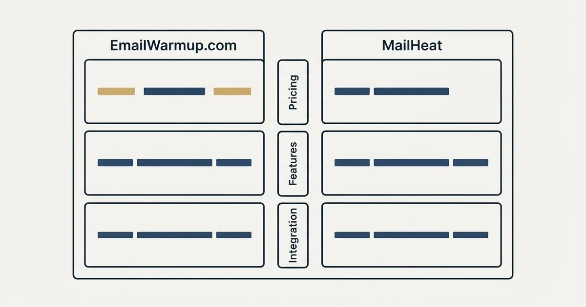 Comparison panel: EmailWarmup.com vs MailHeat (Pricing, Features, Integration)