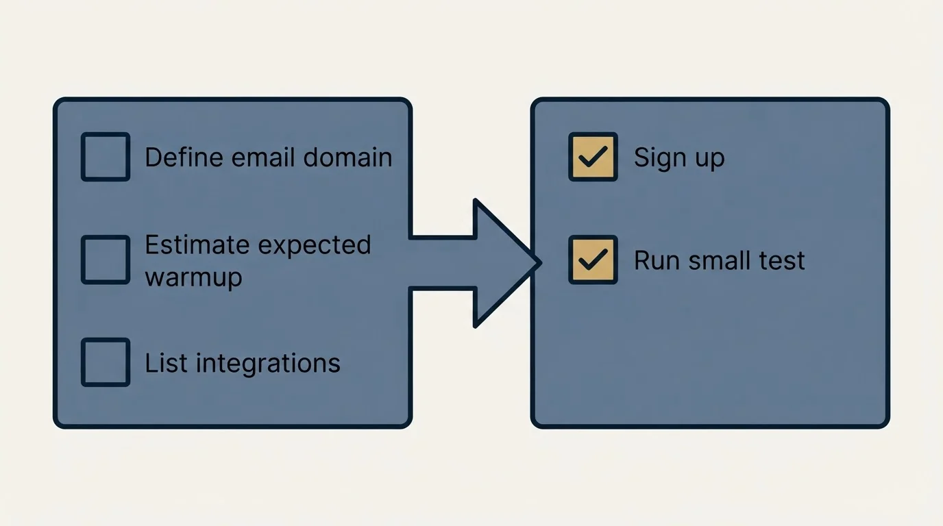 Before-and-after steps: Getting Started Checklist (Define email domain, Estimate expected warmup, List integrations, Sign up)