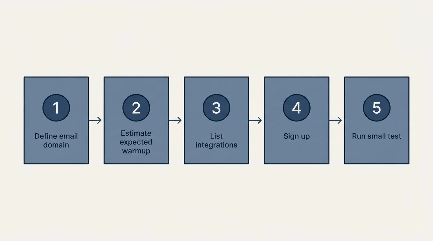 Step sequence: Getting Started Checklist (Define email domain, Estimate expected warmup, List integrations, Sign up)