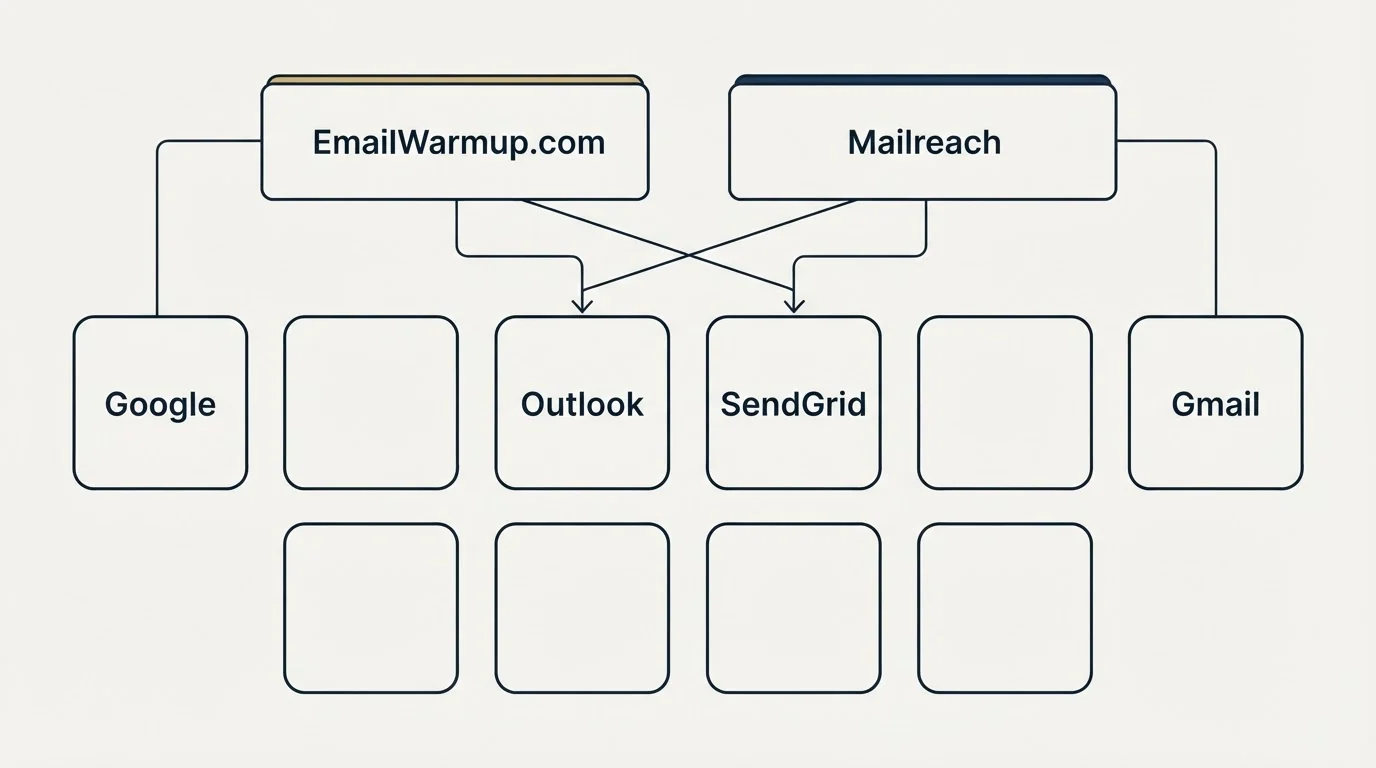 Integration grid: Integration Ecosystem (EmailWarmup.com, Mailreach, Outlook, SendGrid)