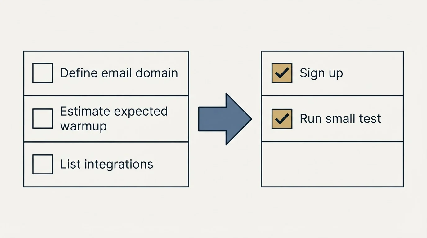 Before-and-after steps: Getting Started Checklist (Define email domain, Estimate expected warmup, List integrations, Sign up)