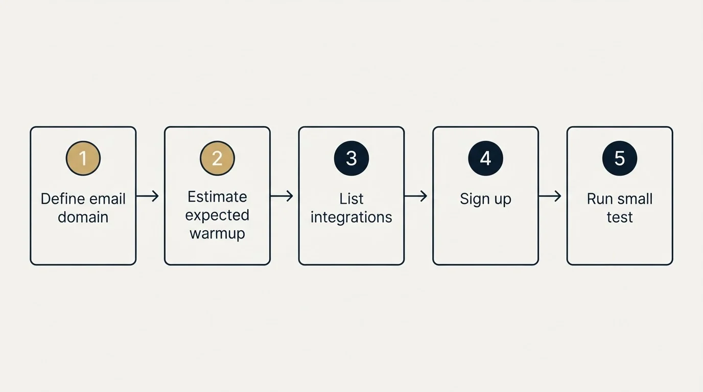Step sequence: Getting Started Checklist (Define email domain, Estimate expected warmup, List integrations, Sign up)